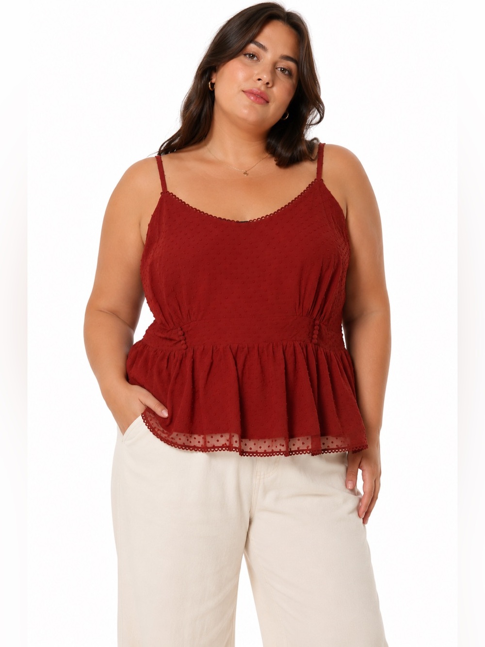 Torrid Georgette Rust Polka Dot Lace Trim Peplum Babydoll Shirred Waist Cami